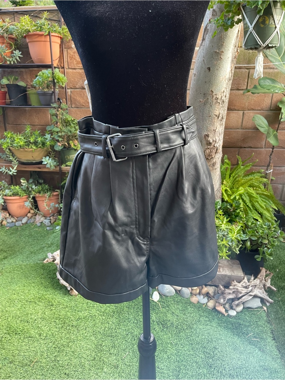 Express Black High-Waist Faux Leather Paperbag Shorts with Belt